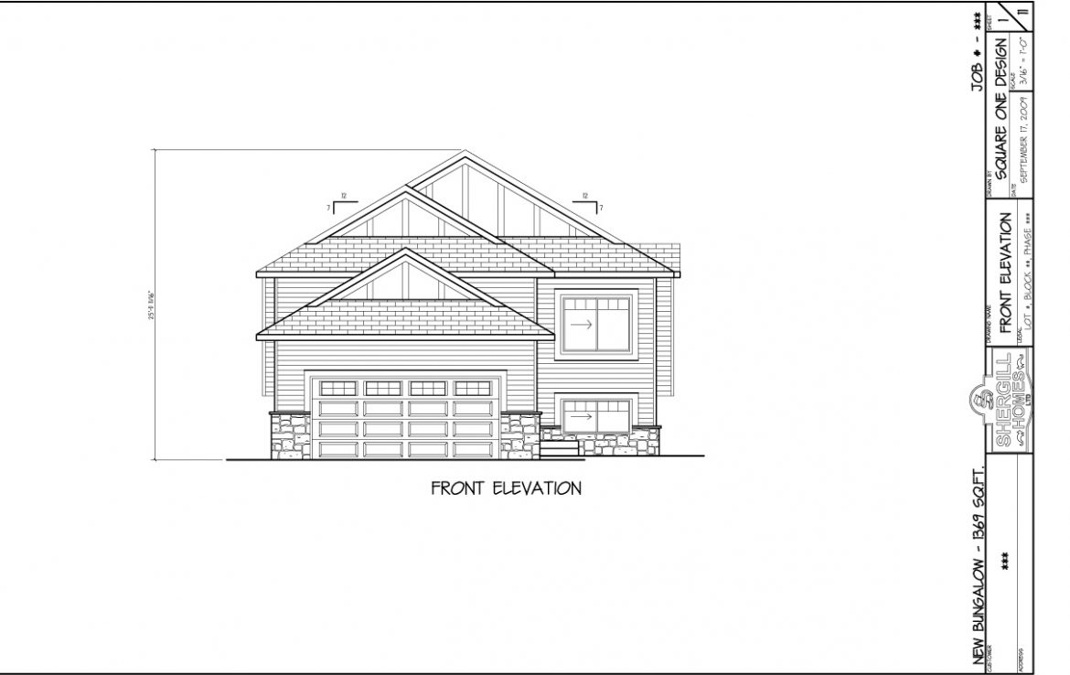 Shergill Homes - Plans for Fort McMurray / Fort Mac; Bungalow with garage 1369 sq. ft front view