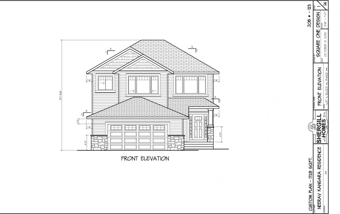 Shergill Homes - Plans for Fort McMurray / Fort Mac; Two Storey 1728 sq. ft Neerav Front View