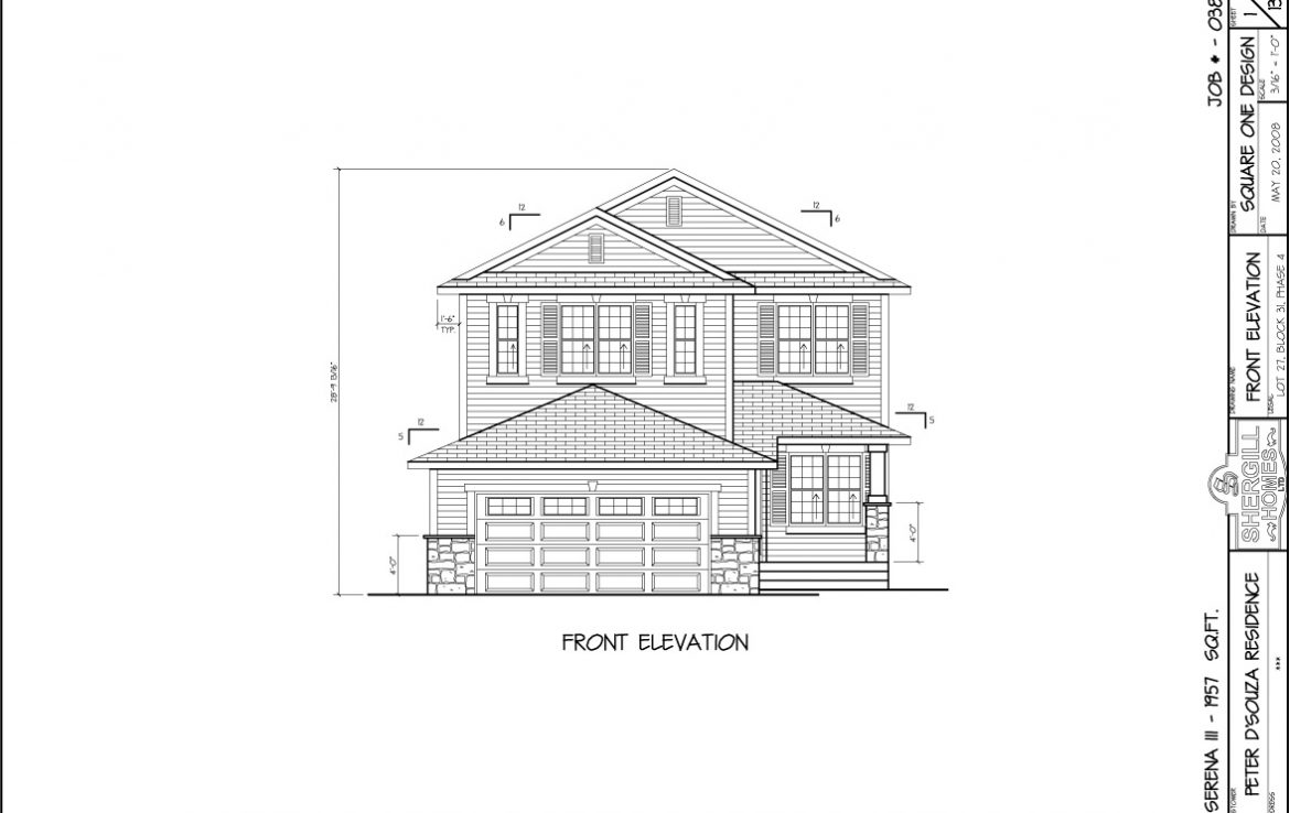 Shergill Homes - Plans for Fort McMurray / Fort Mac; Serena 3 - 1657 sq ft Two Storey Front Elevation