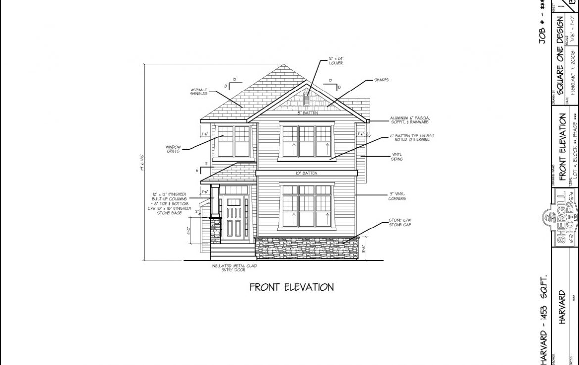 Shergill Homes - Plans for Fort McMurray / Fort Mac; The Harvard - 1453 sq ft Two Storey Front Elevation
